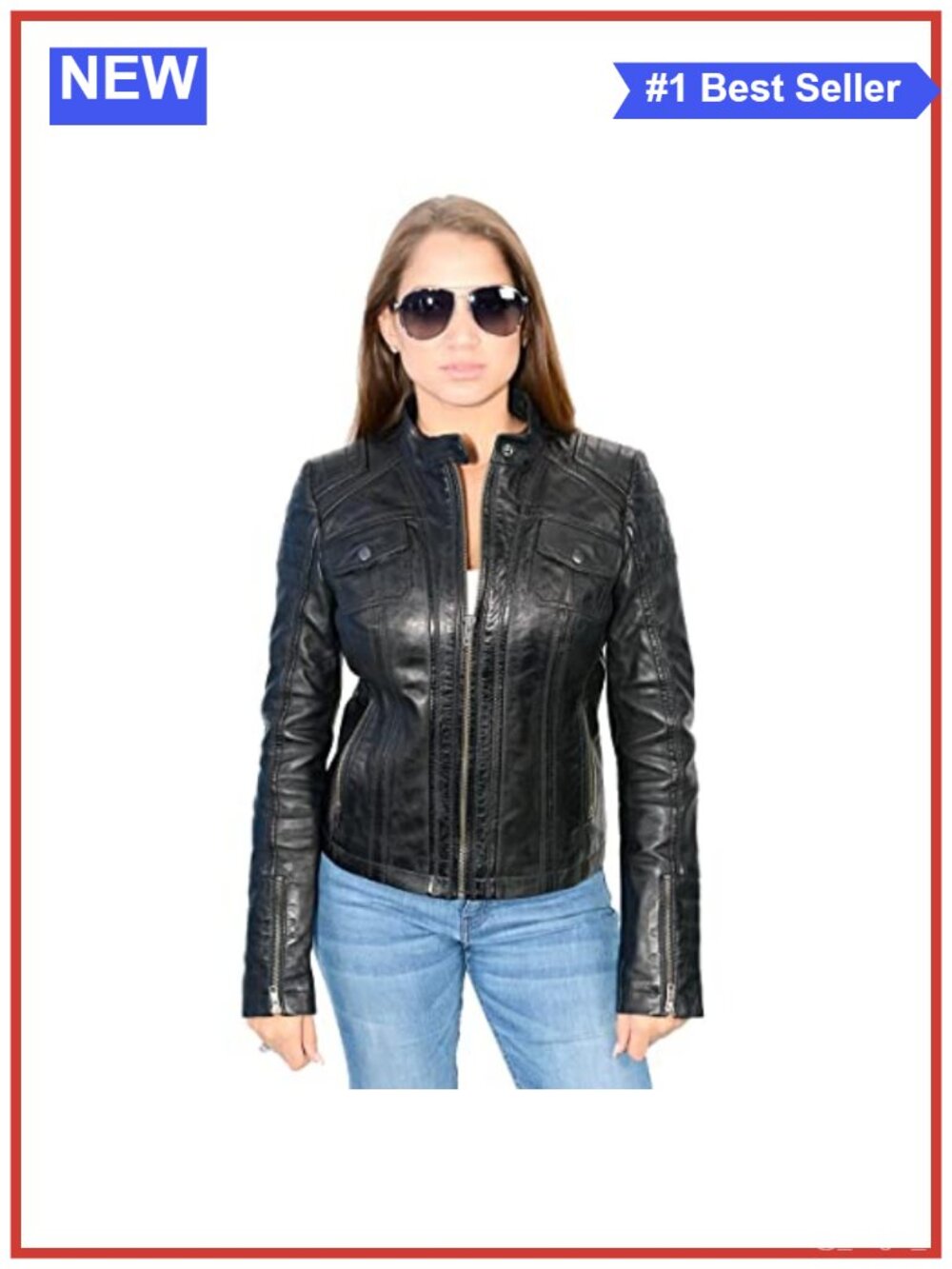 Women's Lambskin Leather Quilted Moto Jacket Casual Zip Front